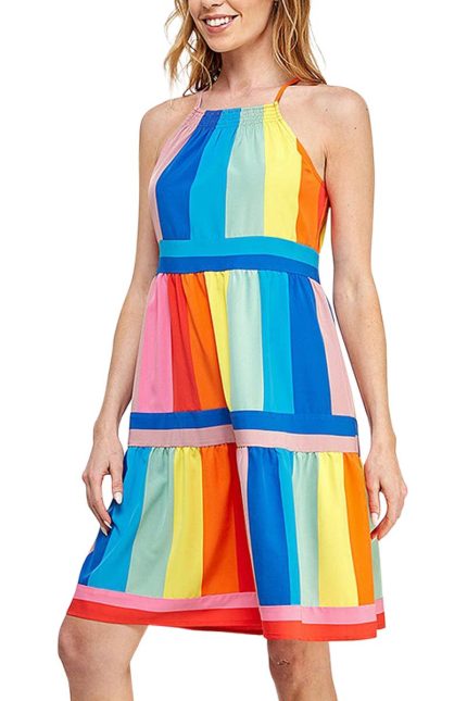 Rainbow Color Tie Shoulder Sleeveless Short Dress