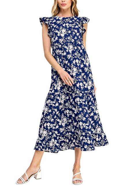 Ruffle Cap Sleeves Floral Midi Dress