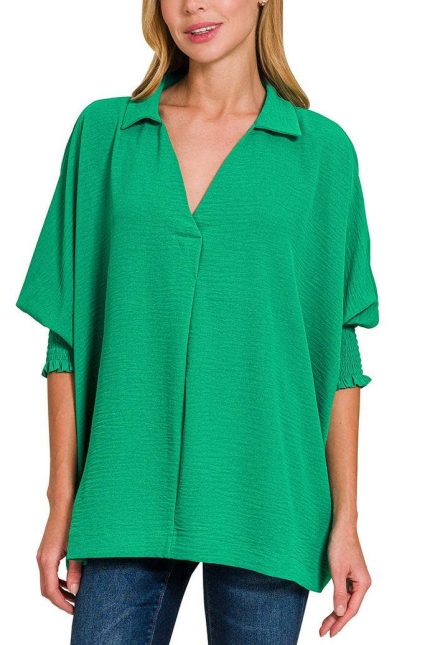 Air Flow Collar Tee With Smocked Sleeve Band Top