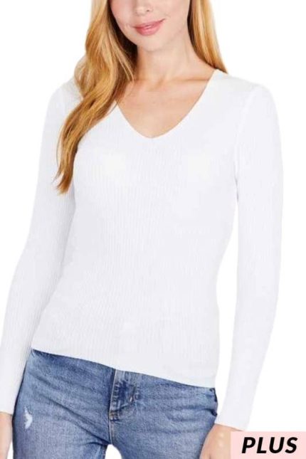 Plus Long Sleeve V-neck Fitted Viscose Rib Sweater Top