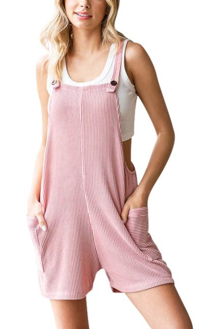 Solid Rib Patch Pockets Romper