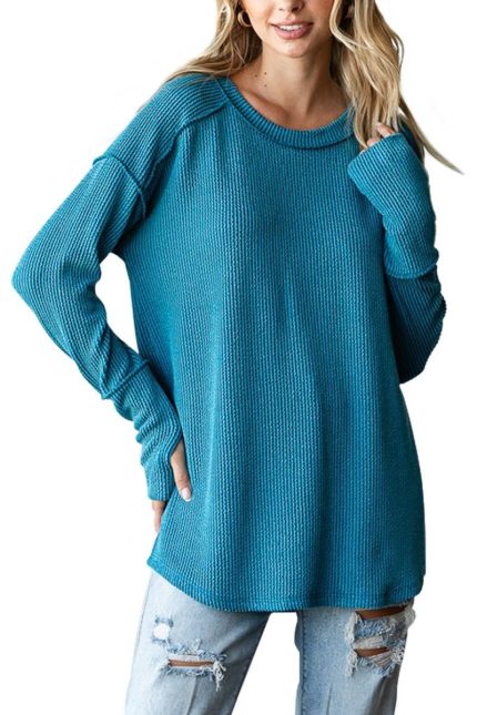 Solid Rib Thumb Hole Detail Long Sleeve Top