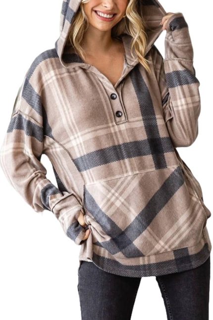 Plaid Button Front Hooded Sweatshirt