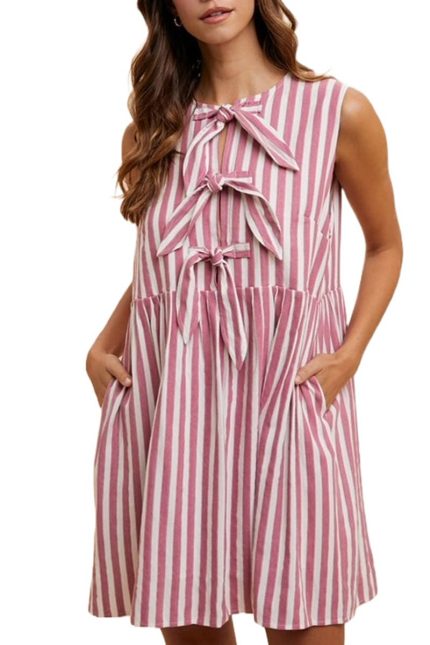 Vertical Striped Front Bow Detail Mini Dress