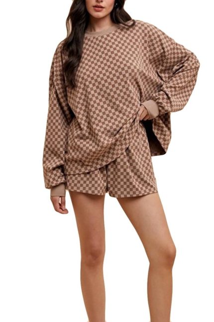 Checkerboard Soft Brushed Knit Pullover & Shorts