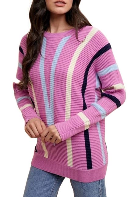 Chevron Stripe Long Dolman Sleeve Rib Sweater