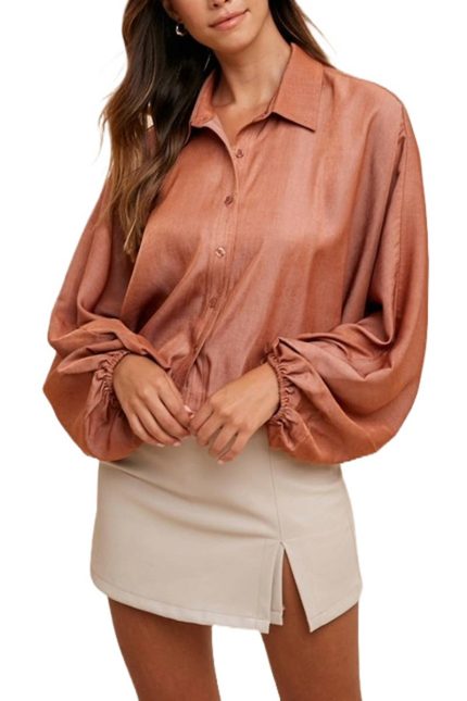 Loose Fit Button Down Volume Blouse Woven Top