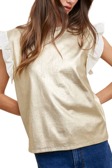 Mix Media Metallic Knit Ruffle Sleeve Top