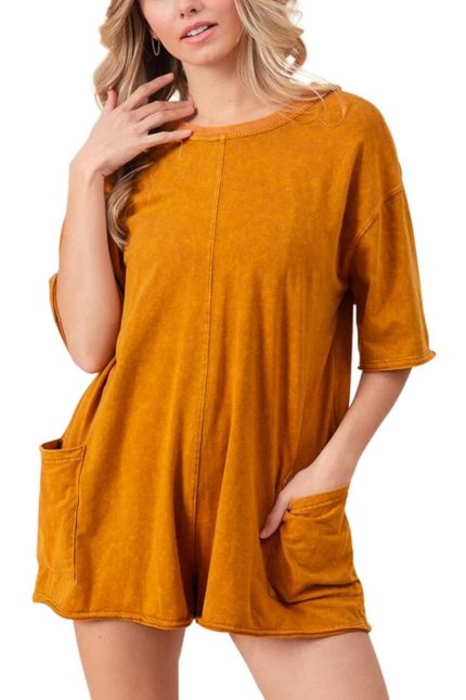 Short Sleeve Back Open Vintage Washed Romper