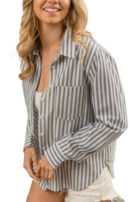 Lurex Linen Stripe Shirt Button Down Top