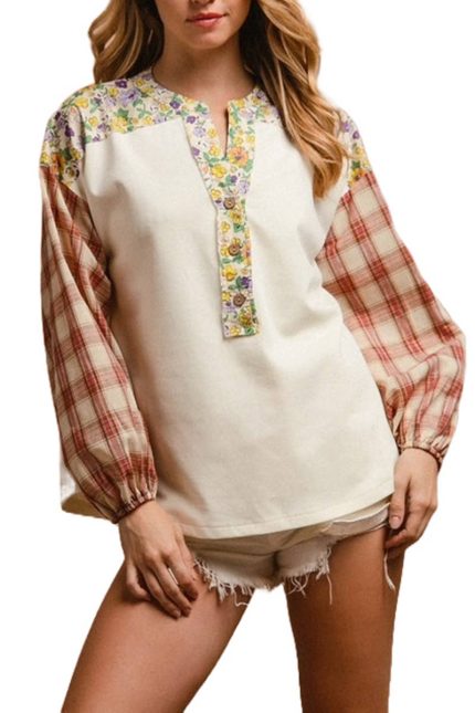 Plaid Sleeves And Floral Print Buttoned Top