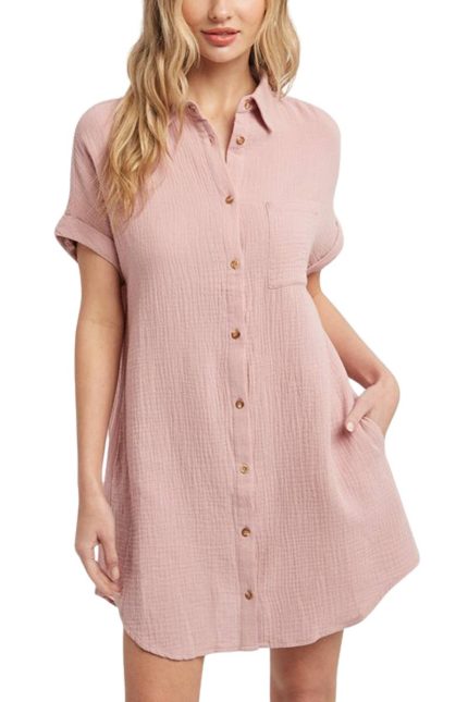 Button Up Shirt Dress With Pocket