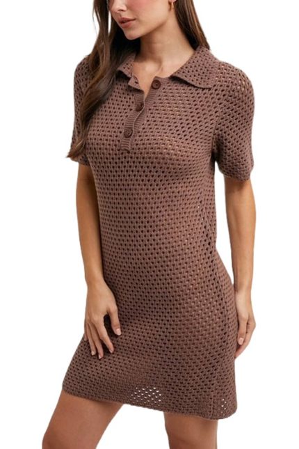 Sheer Crochet Open Knit Polo Dress With No Lining