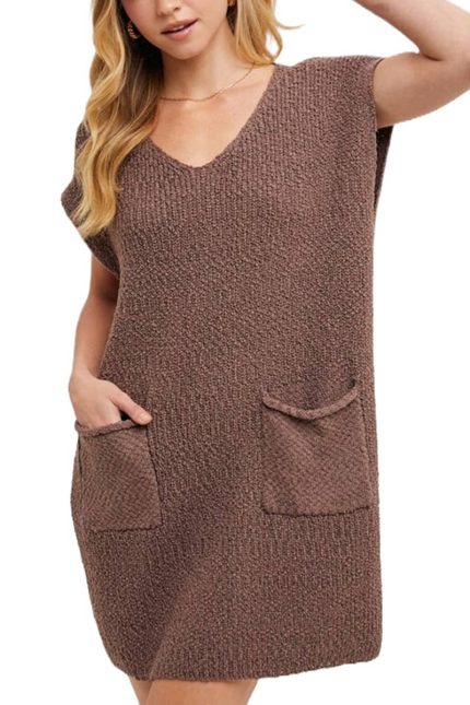 V-neck Knit Sweater Dress With Pockets