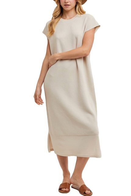 Short Sleeve Knit Side Slit Midi Dress