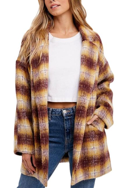Double Breasted Brushed Plaid Coat