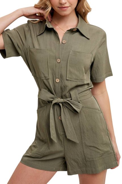 Button Down Belted Utility Romper