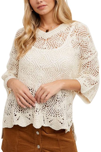 Open Knit 3/4 Sleeved Pullover