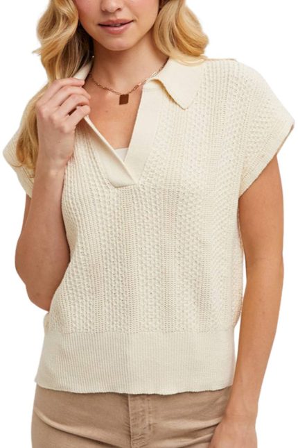Ribbed Knit Sweater Cap Sleeved Polo