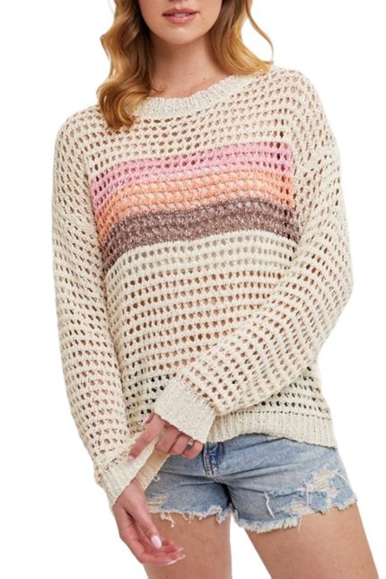 Color Block Open Knit Sweater Pullover