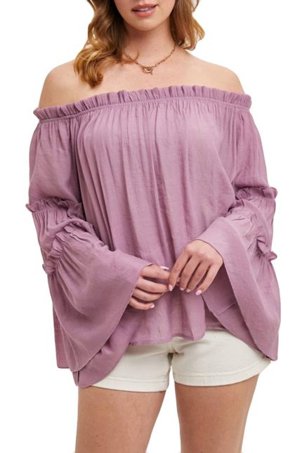 Bell Sleeved Off The Shoulder Ruffle Trim Top