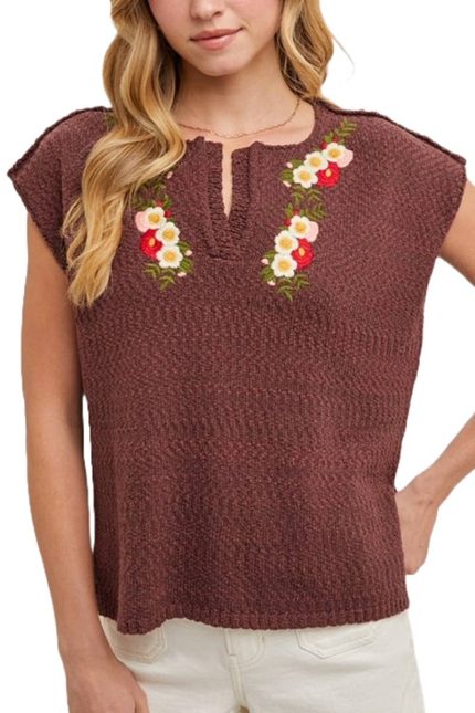 Embroidered Notch Neck Knit Top