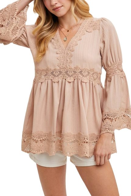 Lace Trimmed Bell Sleeve V-neck Blouse