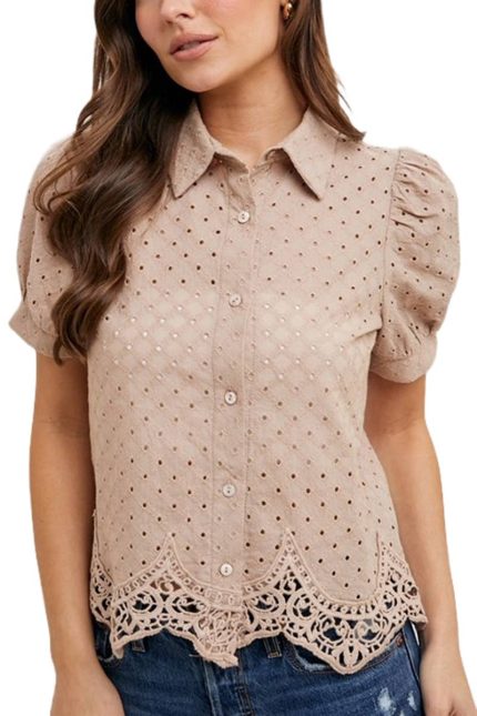 Eyelet Lace Trimmed Bubble Sleeve Shirt Blouse