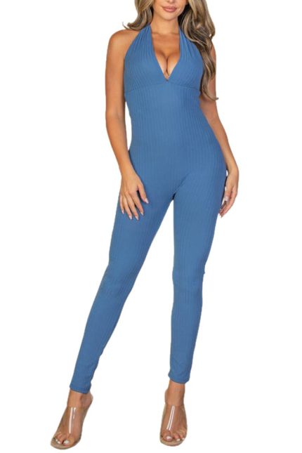 Halter V Neck Ribbed Bodycon Catsuits