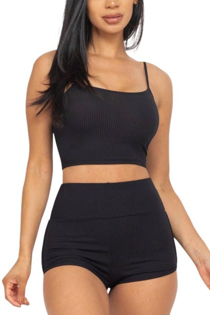 Solid Crop Basic Top & Ruched Biker Shorts Set