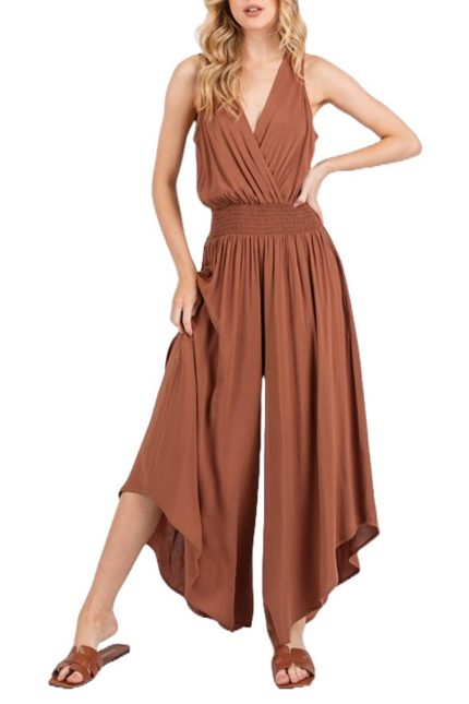 Solid Surplice Waist Smocked Sleeveless Jumpsuit