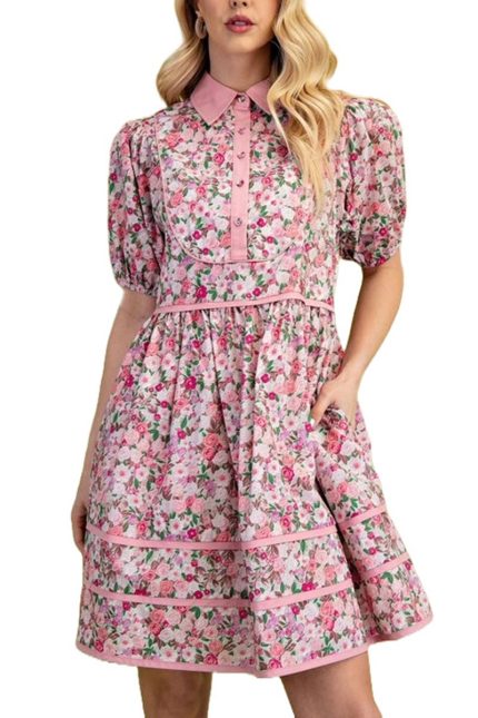Floral Collared Half Button Mini Dress