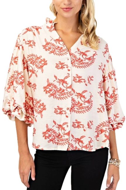 Botton Down Blouse With 3/4 Length Balloon Sleeves