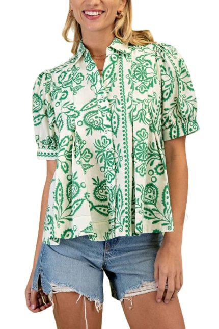 Printed Short Puff Sleeve Blouse Top