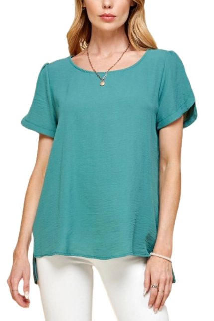 Solid Short Sleeve Woven Top With Details Sleeves