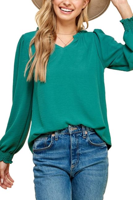 Solid Top With Ruffled V Neck Detail