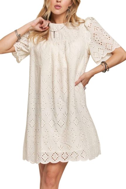 Ruffle Shoulder Eyelet Dress