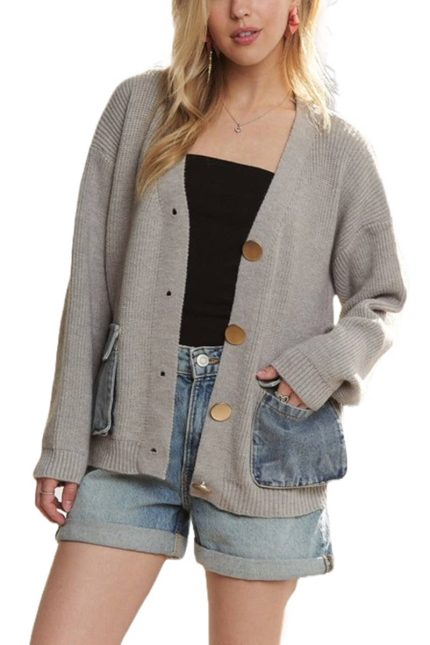 Buttons Denim Pockets Knit Cardigan
