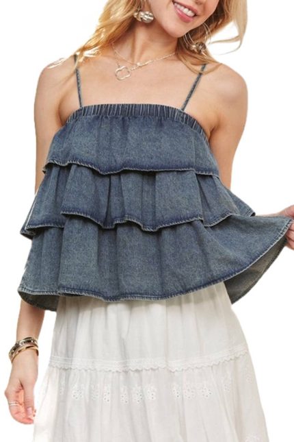 Washed Denim Layered Babydoll Tank Top