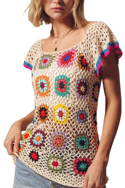 Granny Square Crochet Top With Flutter Sleeves