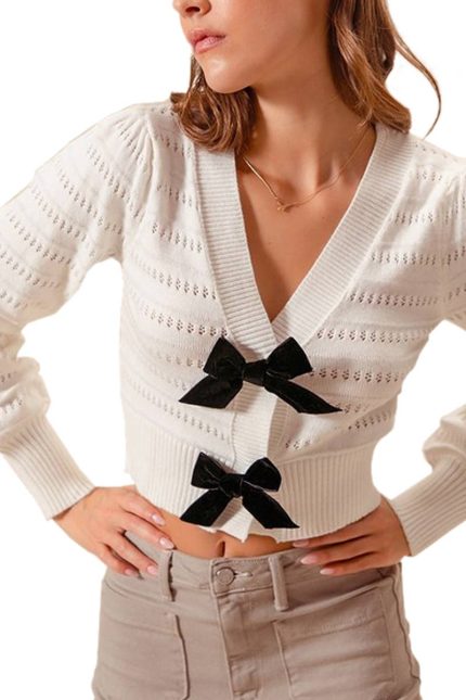 Contrast Bow Front Sweater Cardigan
