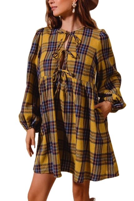 Checkered Plaid Front Tie Round Neck Mini Dress