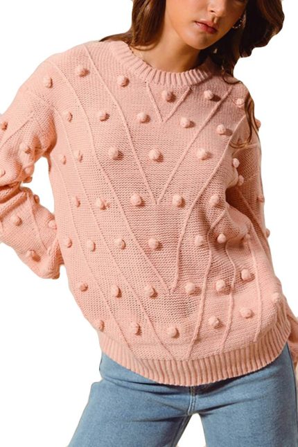 Pom Pom Textured Knit Sweater Top