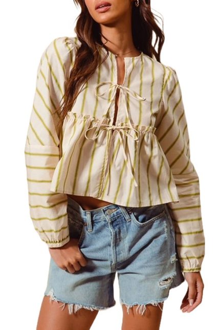 Front Tie Round Neck Stripe Blouse Top
