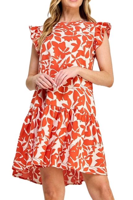 Allover Print Ruffle Trim Smock Short Dress