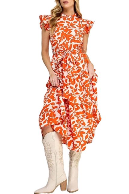 Flower Print Ruffle Sleeves Belted Dress