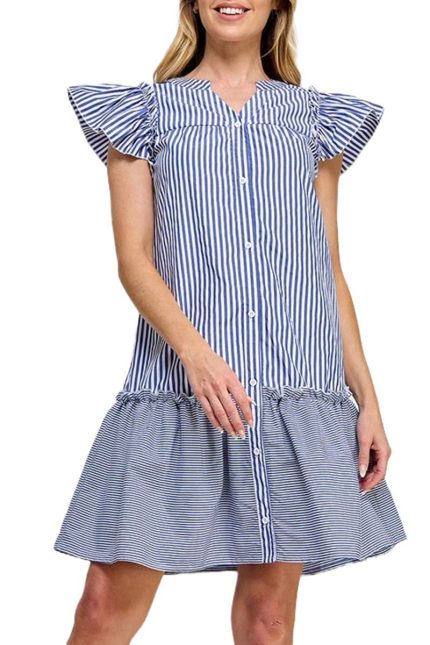 Striped Print Ruffled Cap Sleeves Short Dress