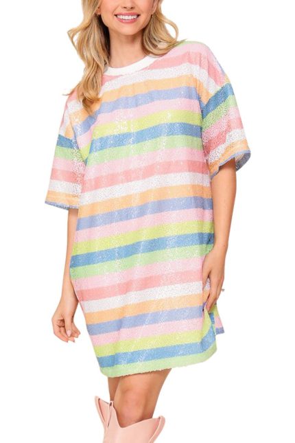 Rainbow Stripe Sequin T-shirt Dress