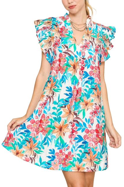 Floral Print Mini Dress With Smocked Flutter Sleeves