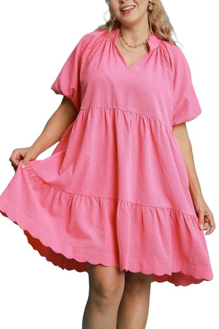 Plus V-slit Tiered Mini Dress